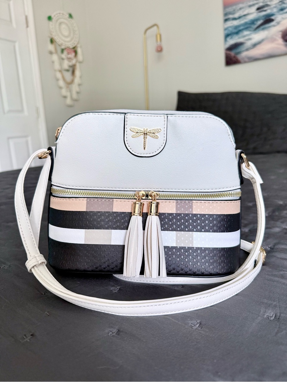 Trendy Cream, Tan and Black Plaid Crossbody Bag Dragonfly Tassels